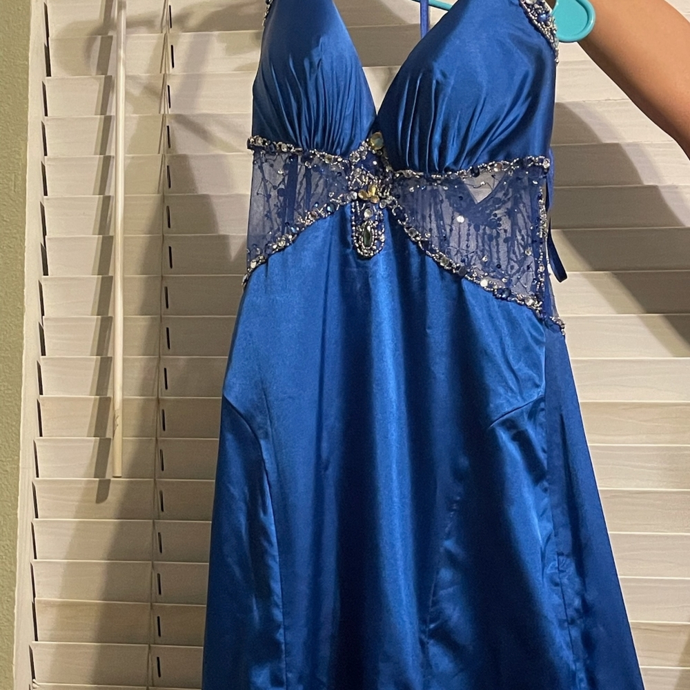 PROM/FORMAL DRESS:  Royal Blue, Floor Length, See-thru Midriff. Sequin Details.